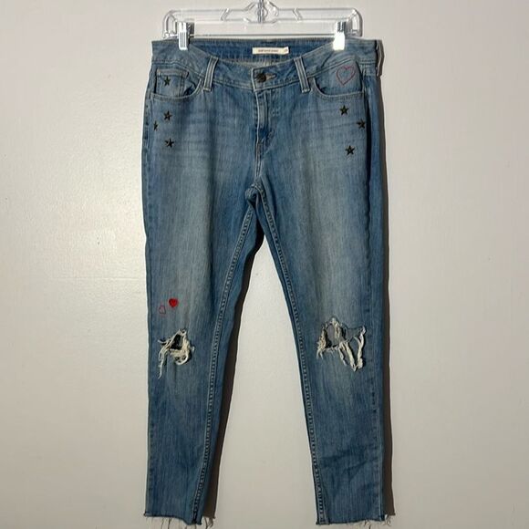Levi Strauss 535 Super Skinny Distressed Embroidered Hearts Stud Stars Jeans 29 - Picture 1 of 8